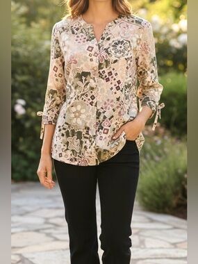 Erika Petite PM NWT Floral Top Tie Sleeve Cotton Blend Lightweight Blouse